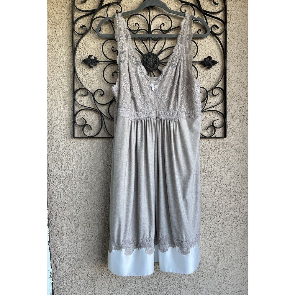 Soma Lace Trim Pajama Dress - Gray/Taupe and White